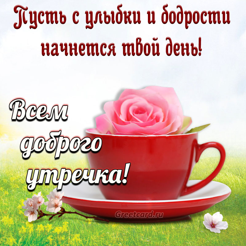 Красивая открытка с добрым утром с розой в чашке