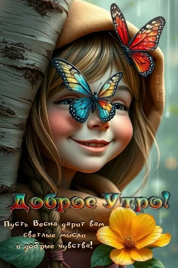 Открытка на весну с девочкой и бабочками