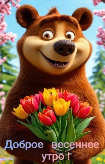 Весенняя открытка с медведем и цветами Весенняя открытка с медведем и цветами