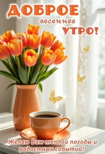 Доброе весеннее утро с цветами и кофе