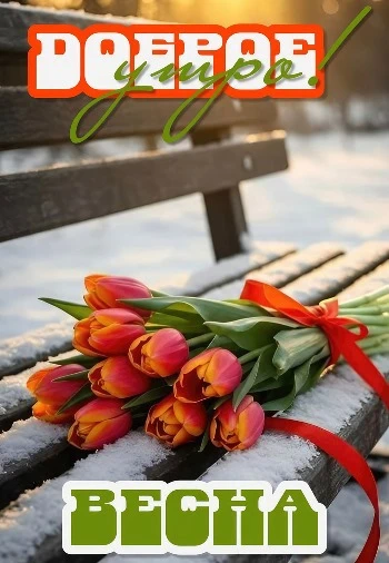 Открытка с тюльпанами на лавочке