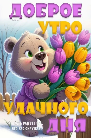 Милый мишка держит цветы