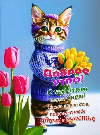 Котик дарит тюльпаны