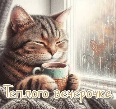 Котик с кофе желает теплого вечера