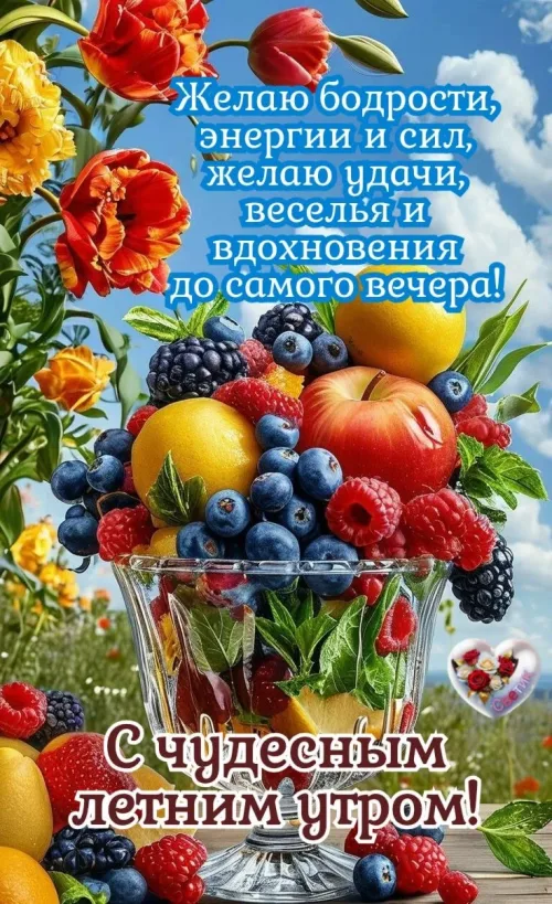 Поздравление с летним днем: фрукты и ягоды в стакане
