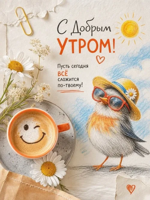 Прикольная открытка с добрым утром и улыбающимся кофе