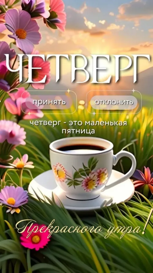 Красивая открытка с четвергом и чашкой кофе