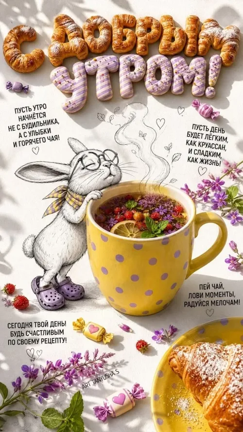 Позитивная открытка с добрым утром и кроликом