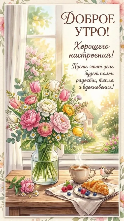 Позитивная открытка с добрым утром и цветами
