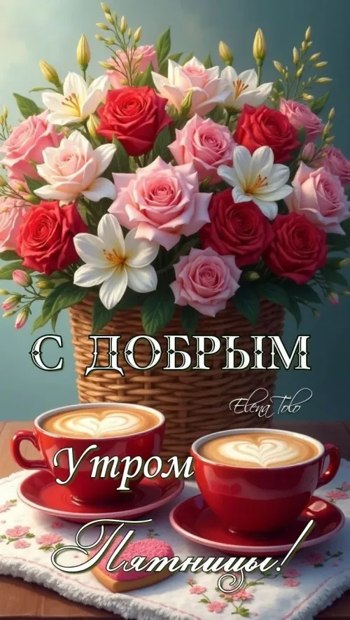 С ДОБРЫМ Утром Пятницы с цветами и кофе