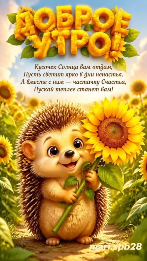 Позитивная открытка с добрым утром и ёжиком с подсолнухом