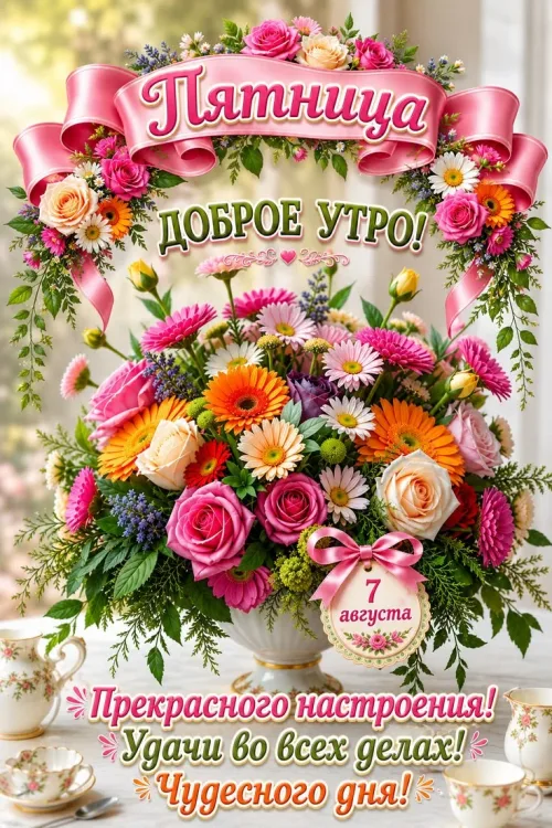 Пятница: Доброе утро с цветочным букетом и чашками
