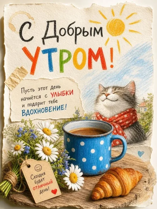 Позитивная открытка с добрым утром и котом