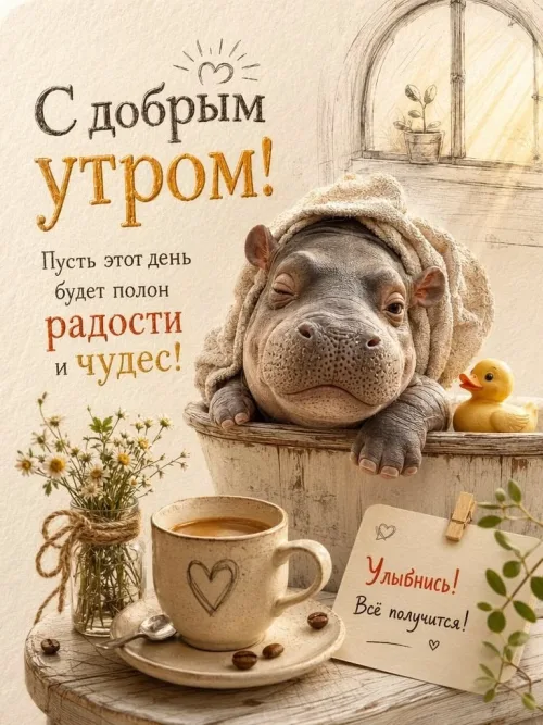 Позитивная открытка с добрым утром и улыбкой животного