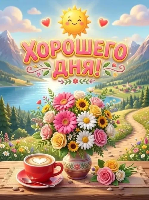 Хорошего дня! Весенние цветы и чашка кофе