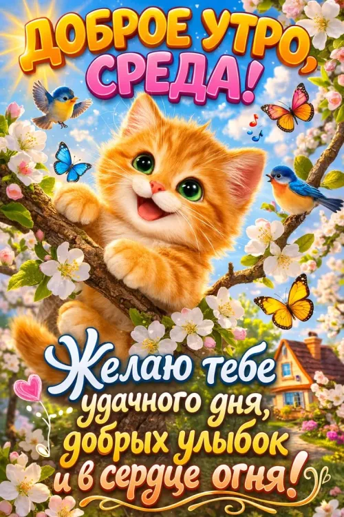 Поздравление с средой: весенний кот и цветы