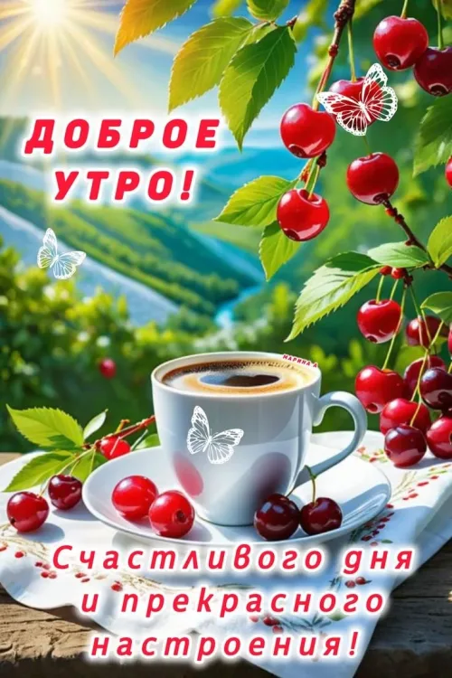 Позитивная открытка с добрым утром и вишнями