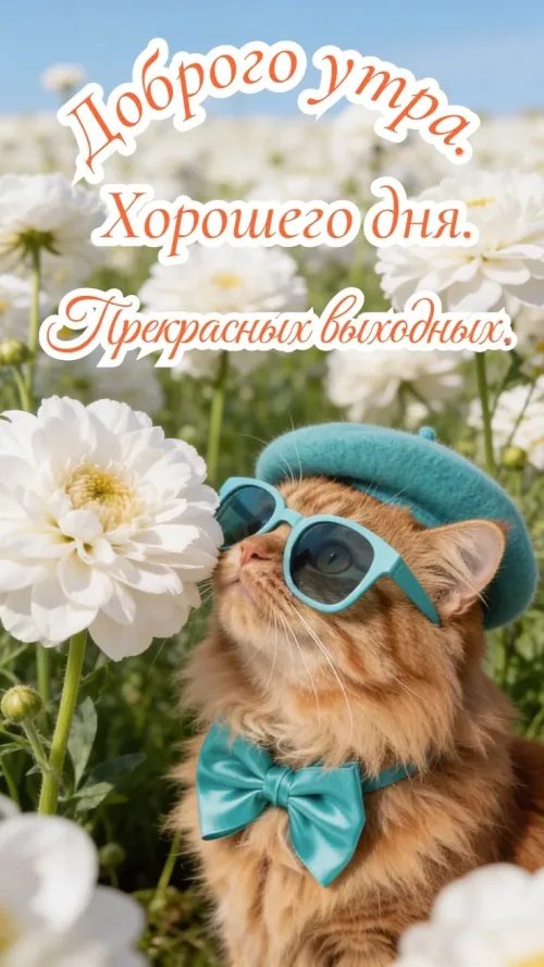 Кот в берете и солнцезащитные очки с пожеланиями