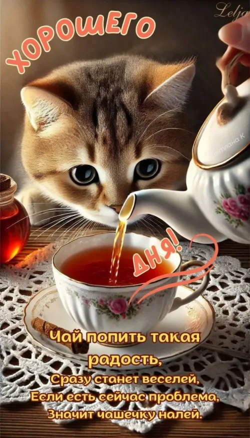 Хорошего дня кошка чай открытка