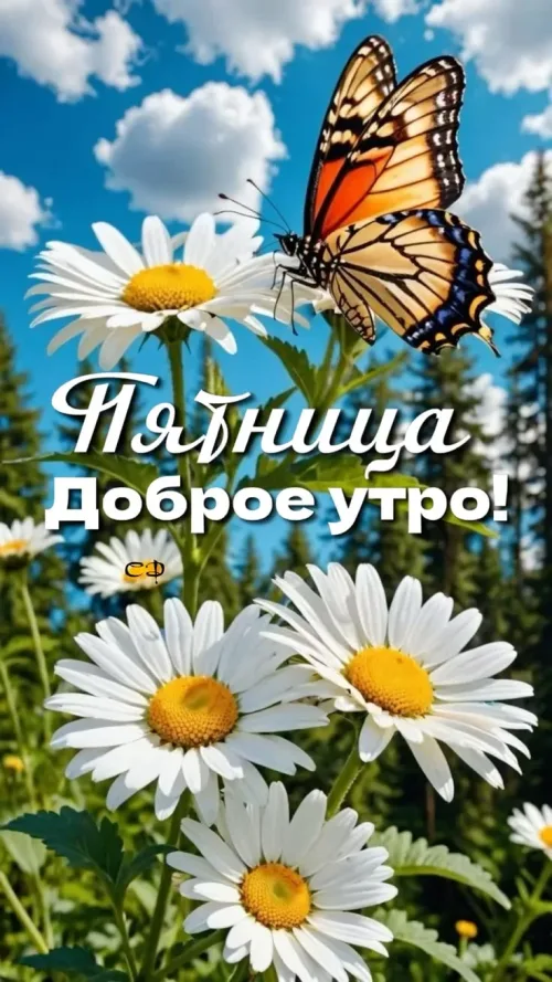 Пятница Доброе утро с бабочкой и ромашками