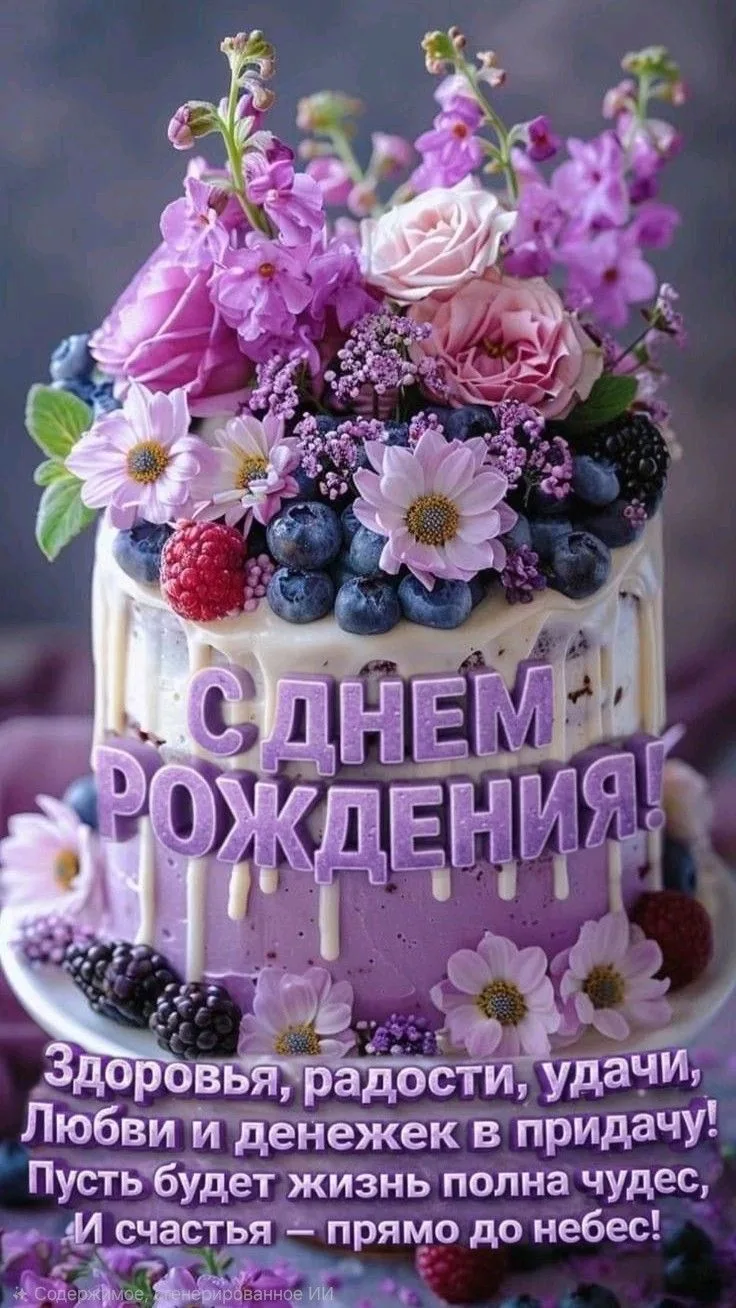 С Днем Рождения! Красивый торт с цветами и ягодами