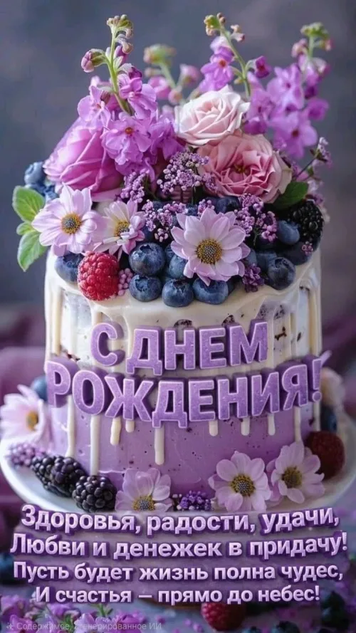 С Днем Рождения! Красивый торт с цветами и ягодами