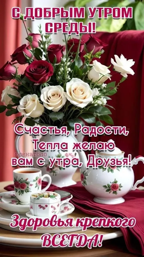 Открытка с добрым утром на среду с цветами и чашками чая