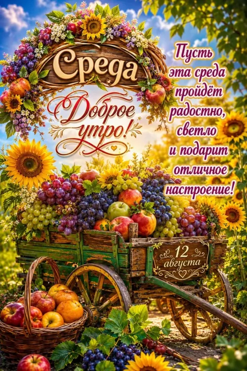 Доброе утро, среда: яркая открытка с фруктами и цветами