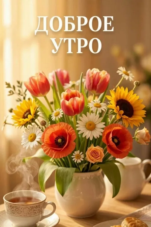 Позитивная открытка с добрым утром и цветами