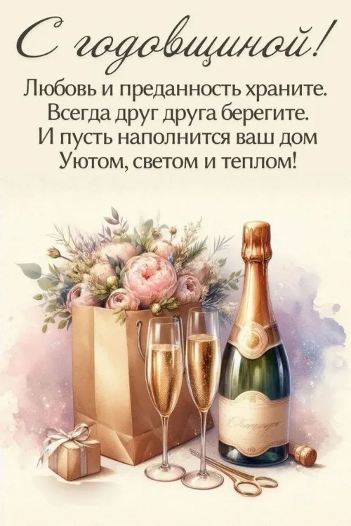 С годовщиной: открытка с шампанским и цветами