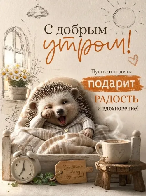Позитивная открытка с добрым утром и сонным ежом
