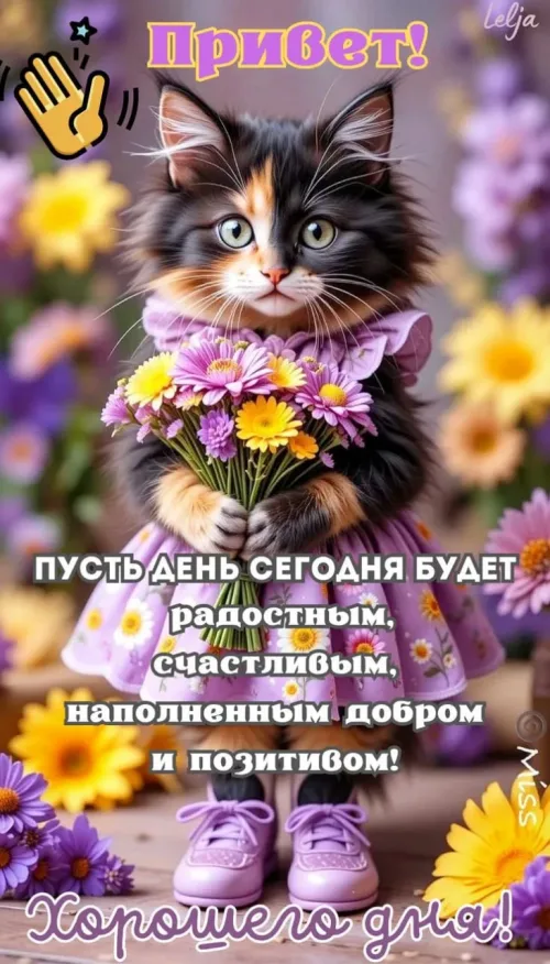 Кошка с цветами и пожеланием на весенний день