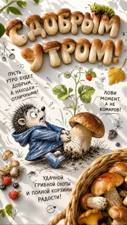 Позитивная открытка с добрым утром и грибами