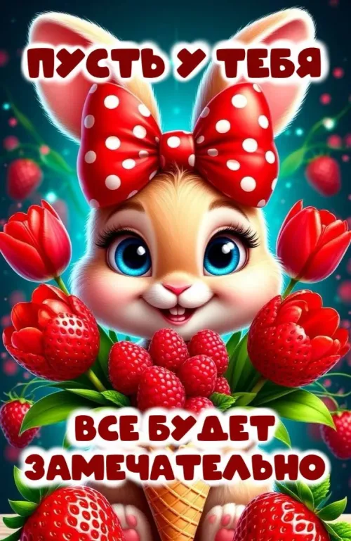 Поздравление с добрым утром: весенний кролик с тюльпанами