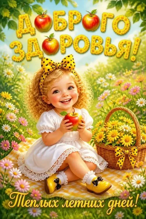 Доброго здоровья! Летние открытки с яблоком и цветами