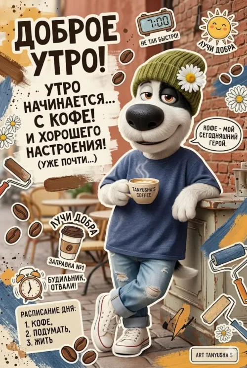 Позитивная открытка с добрым утром и кофе