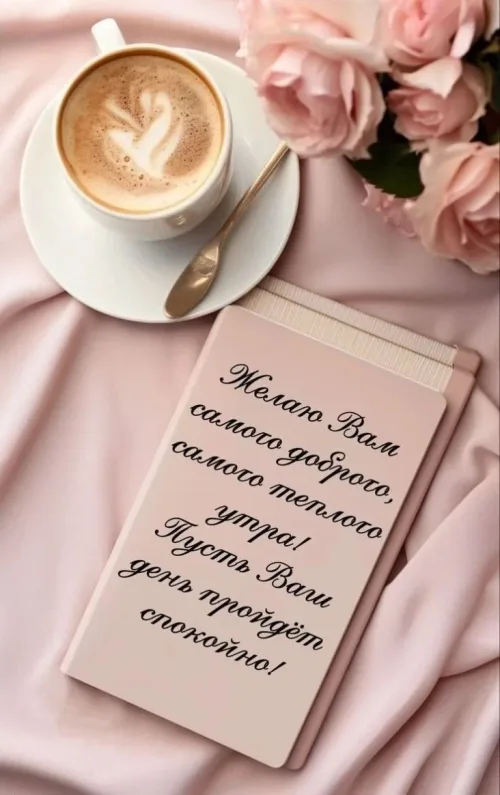Открытка с добрым утром для женщины с розами и кофе