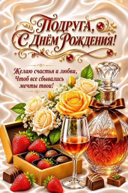 Поздравление с Днём Рождения: цветы, шоколад и вино