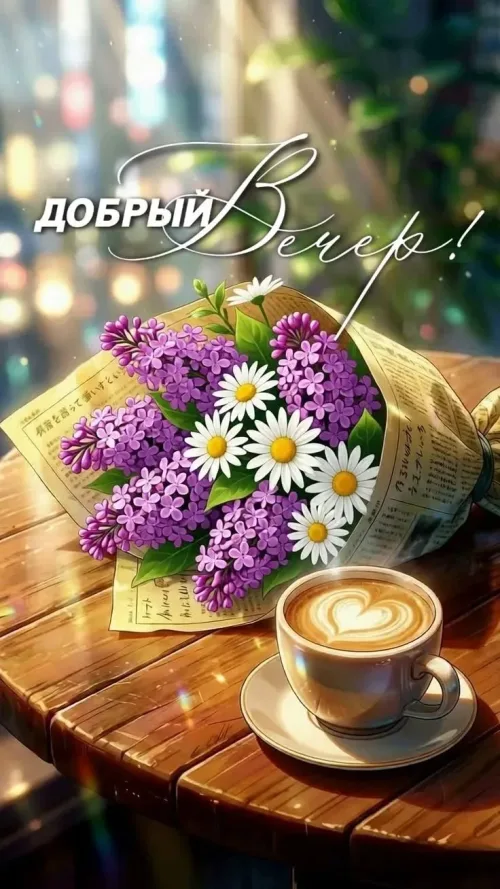 Добрый вечер с чашкой кофе и цветами