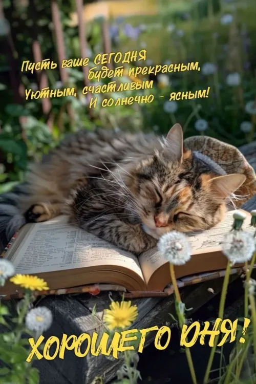 Кот на книге с пожеланием весеннего утра