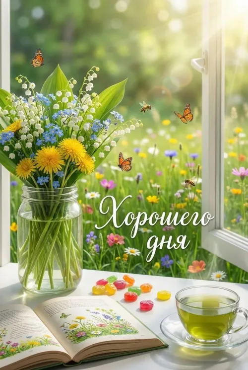 Хорошего дня с весенними цветами и бабочками