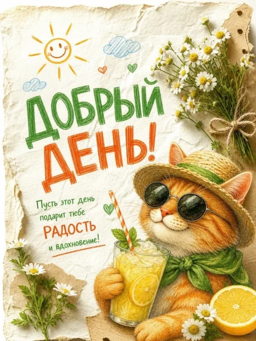 Позитивная открытка с добрым вечером и котом в соломенной шляпе
