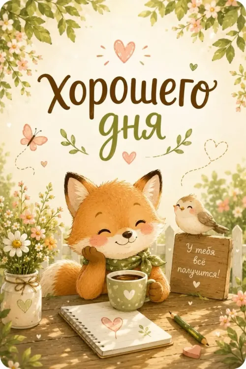 Лисичка с чашкой кофе: весенний поздравительный день