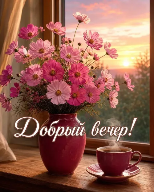 Добрый вечер с цветами и чашкой кофе