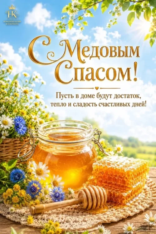 Медовый Спас: Праздничная открытка с медом и цветами