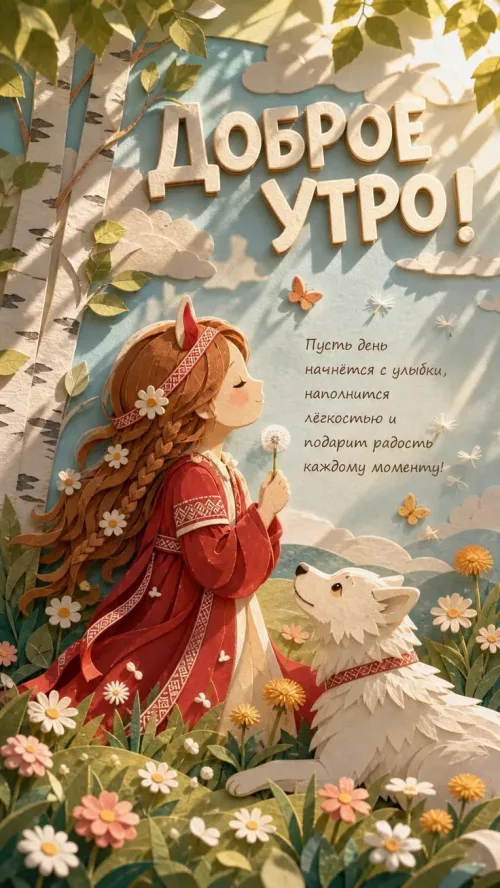 Доброе утро с белой собакой и цветами