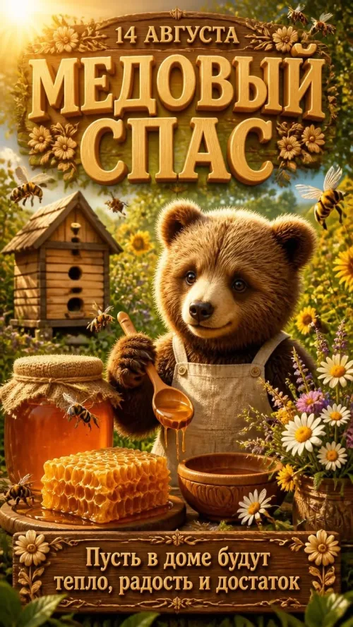 Медовый Спас медведь с медом и пчелами
