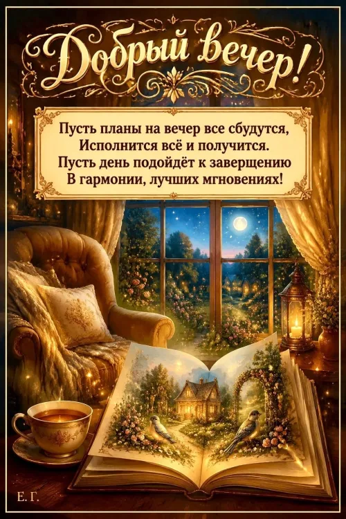 Книга с чаем и луной: Добрый вечер открытка