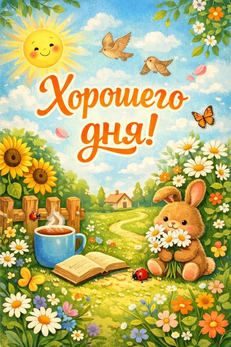 Хорошего дня! Весенний пейзаж с кроликом и цветами