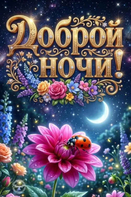Доброй ночи! Лунный ночной пейзаж с цветами и журавлем
